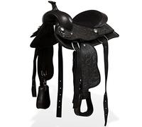 Teenpull Sillín Western de piel auténtica, 12 pulgadas, color negro, con cabestro y pechera, piel resistente y piel sintética, acolchado para poni y caballo, ideal para senderismo y torneo