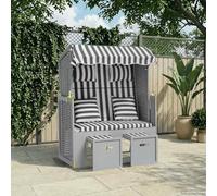 Teenpull Sillón de playa con cojín de poliratán y madera maciza de abeto gris y blanco, 115 x 55 x 133 - 156 cm, respaldo ajustable en 3 posiciones, reposacabezas acolchado, toldo para el sol