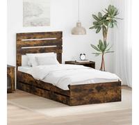 Teenpull Smoke Oak Bed Frame 90 x 200 cm Engineered Wood, slatted Base with 6 Drawers, headboard, Indoor Bedroom Platform Bed for Adult and Guest Rooms, Space-Saving Storage and Stable Sleep Support