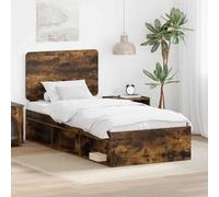 Teenpull Smoke Oak Bed Frame with Headboard, Solid Pine Headboard, Slatted Base, Wood Structure, 75 x 190 cm, Single Bed for Bedroom, Support and Easy Care