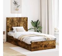 Teenpull Smoke Oak Bed Frame with Storage and Integrated headboard, Engineered Wood Structure, Plywood slats, 97 x 193 x 100 cm, Indoor Use, 140 kg Load, Space Saving for Bedroom