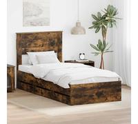 Teenpull Smoke Oak Engineered Wood Bed Frame 100 x 200 cm with headboard, 6 Storage Drawers, Platform Support for Mattress, Indoor Bedroom Use, Easy Assembly, Space Saving Design