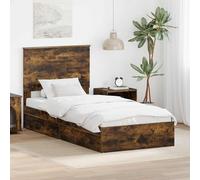 Teenpull Smoke Oak Storage Bed Frame with headboard, 90 x 200 cm Single Size, Engineered Wood Structure, slatted Base, Two Built-in Drawers for Bedroom Organization and Space Saving