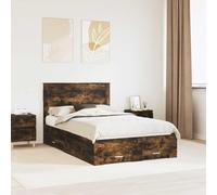 Teenpull Smoked Oak Bed Frame with headboard, 135 x 190 cm, Engineered Wood, Slat Support, Drawer Storage, for Bedroom, Home, Adults, Space Saving