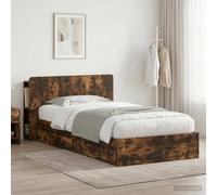 Teenpull Smoking Oak Storage Bed Frame 90 x 190 cm Wooden Base with slatted Support, Drawer Storage, headboard, Bedroom Platform for Single Sleeper, Indoor Use, Assembly Required