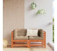 Teenpull Sofá esquinero de jardín de madera maciza de pino marrón cera, módulo Lounge con acolchado resistente a la intemperie, 2 plazas para terraza, balcón, jardín de invierno, patio, exterior