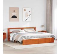 Teenpull Solid Pine Bed Frame with Headboard Wax Brown 180 x 200 cm, Slatted Base, Storage Shelves, Sleep Support for Bedroom, Home Use, 2 Person, 200 kg Capacity
