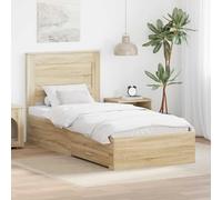 Teenpull Sonoma Oak and Silver Bed Frame with Drawer, Wooden Slat Base, Headboard, Bedroom Storage Platform for Adult Guest Room, 75 x 190 cm, Indoor Use, Space Saving Design
