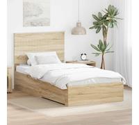 Teenpull Sonoma Oak Bed Frame with headboard 100 x 200 cm Engineered Wood, Storage Drawers, Silver Bar Handles, Easy Assembly, Indoor Use, Space Saving Bedroom Support for One Person