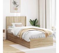 Teenpull Sonoma Oak Bed Frame with headboard and Storage compartments, Engineered Wood Structure, Fixed Slat Base, Indoor Use, 97 x 77 x 100 cm, 140 kg MAX Load