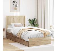 Teenpull Sonoma Oak Bed Frame with Storage and headboard, Wooden Slat Base, 97 x 193 x 100 cm, Interior Use, Assembly Required, Space Saving Storage for Bedroom Comfort