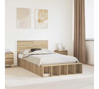 Teenpull Sonoma Oak Bed Frame with Storage Shelf, 135 x 190 cm, Engineered Wood, Adjustable Height 90.4 to 100 cm, for Bedroom Use, Sturdy headboard and Organized Sleeping Space