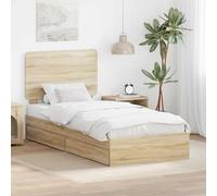 Teenpull Sonoma Oak Storage Bed Frame with headboard, 100 x 200 cm Single Extra Length, Engineered Wood, slatted Base, Drawer, Space Saving Bedroom Furniture for Adults and Guests