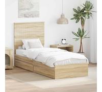 Teenpull Sonoma Oak Storage Bed Frame with headboard, 75 x 190 cm Engineered Wood, slatted Base, Drawer Storage for Bedroom, Modern Single Bed with Easy Assembly, 100 kg Load Support