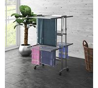 Teenpull Tendedero de 2 niveles con ruedas, aluminio plateado, 60 x 70 x 106 cm, ahorra espacio, plegable, estable secadora de alas para balcón, jardín, baño y lavandería