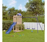 Teenpull Torre de juegos de madera maciza de pino con tobogán ondulado y columpio doble, juguete de jardín para exteriores para niños, estructura de escalada con caja de arena, escalera de cuerda y