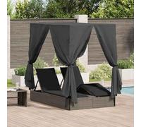 Teenpull Tumbona doble de polirratán, gris, 205 x 129 x 200 cm, con techo y cortinas, resistente a la intemperie, para jardín, terraza, balcón, relajación, relax y confort