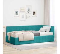 Teenpull Tuquesa Velvet Corner Bed Frame with Medium Foam Mattress, Plywood Structure, 90 x 190 cm, Upholstered Headboard, Space Saving Bedroom Base for Guest Room, Indoor Use, 2 Piece Set