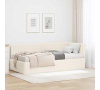 Teenpull Velvet Corner Bed Frame with 2 Piece Mattress Cream 194 x 94 x 72 cm, Platform Base, upholstered headboard, Bedroom Sleep Support, Space Saving Home Design