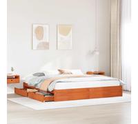 Teenpull Wax Brown Pine Bed Frame with Storage Drawer, Super King 180 x 200 cm Platform Base, Slatted Support, 2 Underbed Drawers for Bedroom Organization and Daily Comfort