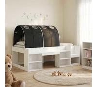 Teenpull White and Black Children Bed Frame with Tunnel, Engineered Wood, 3 Piece Set, Storage Shelves, Slatted Support, Indoor Bedroom Space Saving, 108.5 x 203 x 65 cm