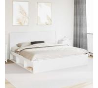 Teenpull White Bed Frame with Storage and slatted headboard, Wooden Engineered Bed Base, Platform Support, Mattress Compatibility 200 x 200 cm, Space Saving, Indoor Bedroom Use, Easy Assembly