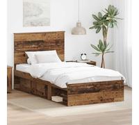 Teenpull Wood Bed Frame with Headboard in Old Wood Finish, 100 x 200 cm Single Size, Solid Pine, Slatted Base, Bedroom Support for Adult, Guest, and Youth Rooms