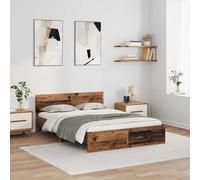 Teenpull Wooden Bed Frame with headboard, Old Wood Finish, 120 x 200 cm, slatted Base Platform, LED Light Strip, upholstered Support, Bedroom Sleep Comfort, Home Assembly