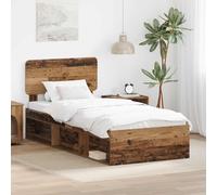 Teenpull Wooden Bed Frame with Headboard, Old Wood Finish, Solid Pine and Engineered Wood, 90 x 190 cm Single Short Bed, Slatted Support for Bedroom, Easy Assembly, 100 kg Capacity