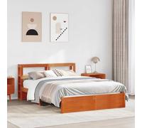 Teenpull Wooden Bed Frame with headboard, Wax Brown Finish, 120 x 200 cm, Solid Pine, slatted Base, Storage Shelves, Modern Bedroom Platform for Adult and Guest Use
