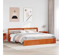 Teenpull Wooden Bed Frame with Shelf headboard in Wax Brown, Solid Pine, 200 x 200 cm Emperor Size, slatted Base, Storage headboard, Bedroom Use, Supports 200 kg, Assembly Required