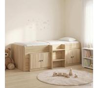 Teenpull Wooden Loft Bed Frame with Cabinet and Door, Sonoma Oak Finish, 3 Piece Set, Space Saving Platform for 80 x 200 cm Mattress, Indoor Bedroom Storage with Modern Lines