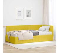 Teenpull Yellow Corner Bed Frame with Mattress, Velvet Headboard, Plywood Base, 90 x 200 cm Platform, Medium Firm Support, Space Saving Bedroom Bed for Adult Guest Home
