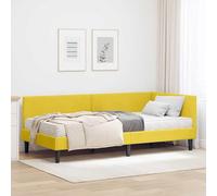 Teenpull Yellow Velvet Corner Bed Frame with Mattress, Single 90 x 190 cm, Wall Mounted headboard, Plywood Platform Base for Bedroom, Indoor Use, Space Saving Support