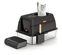 TEENY PAWTY Caja de arena XL de acero inoxidable para gatos con recinto y pala para excrementos, caja de arena de metal negro duradera para gatos grandes, lados altos para evitar fugas, nunca absorbe