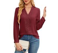 Teesho Blusa de manga larga para mujer, elegante, de encaje, de gasa, antiarrugas, para trabajo, túnica, granate, XXL