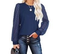 Teesho Camiseta de manga larga para mujer, elegante con mangas de encaje, camiseta de otoño para oficina e informal, A2-azul marino, M