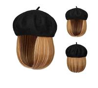 TEESONG Gorro con Extensiones de Cabello para Mujer Bob Hat Peluca 9.5 Pulgadas Recto Corto Sintético Bobo Pelucas Sombrero con Cabello Natural Peluca de Sombrero para Mujer(3)