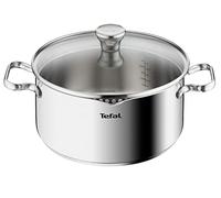 Tefal Duetto -Cacerola 24 cm de acero inoxidable, tapa coladora inteligente, bordes vertedores, cazo inducción, construcción robusta, mango ergonómico remachado, tapa de cristal, todas las cocinas