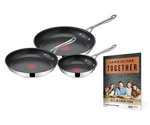 Tefal E304S3.TOG Jamie Oliver Cook's Direct On - Juego de sartenes de 3 Piezas + folleto con 10 Recetas, 20/24/28 cm, Apto para inducción, Apto para lavavajillas, señal térmica, Acero Inoxidable