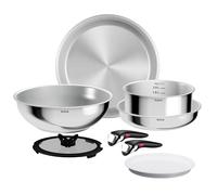Tefal Ingenio Comfort Max - Juego de 2 Sartenes 24/28 cm + Wok 26 cm + Cazo 20 cm + 6 Accesorios, Sin antiadherente, Acero inoxidable, Apilable, Inducción