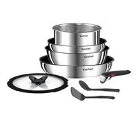 Tefal Ingenio Emotion- Juego de 2 sartenes + cazo + guisera + mango extraíble + tapa de cristal + 2 accesorios, apta para inducción, revestimiento antiadherente, apilable, acero inoxidable