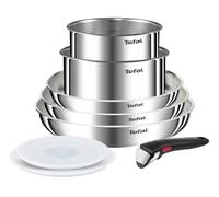 Tefal Ingenio Emotion - Juego de 3 Sartenes 22/26/28 cm + 2 Cazos 16/18 cm + Mango extraíble + 2 Accesorios, Apto inducción, sin antiadherente,acero inoxidable, apto lavavajillas y horno