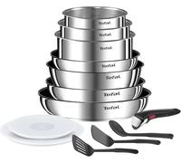 Tefal Ingenio Emotion - Juego de 7 Piezas + 6 Accesorios, Acero inoxidable | 3 Sartenes 22/26/28 cm + 3 Cazos 16/18/20 cm + Guisera 24 cm + 6 Acc, Apto inducción y horno, Antiadherente, Thermo-Signal