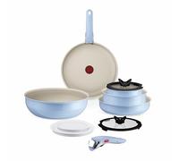 Tefal Ingenio Serenity - Juego de 2 Sartenes 22/28 cm + Wok 26 cm + 2 Cazos 16/20 cm + 4 Accesorios + 2 Mangos, Revestimiento Antiadherente, Apilable, Inducción, Apto lavavajillas y horno, Azul Cielo