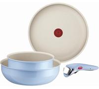 Tefal Ingenio Serenity - Juego de Sartén 28 cm + Wok 26 cm + Cazo 20 cm + Mango extraíble, Revestimiento Antiadherente, Apilable, Inducción, Apto lavavajillas y horno, Azul Cielo