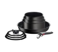 Tefal Ingenio Ultimate On - Juego 8 piezas apilables: 3 cazos apilables 16/18/20cm + sarten 28cm + 3 tapas 16/18/20cm + mango extraíble, revestimiento antiadherente, apta todas las cocinas y horno