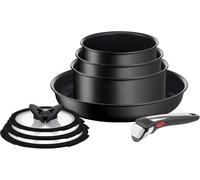 Tefal Ingenio Ultimate On - Juego 8 piezas apilables: 3 cazos apilables 16/18/20cm + sarten 28cm + 3 tapas 16/18/20cm + mango extraíble, revestimiento antiadherente, apta todas las cocinas y horno