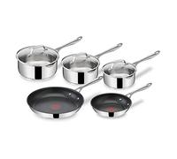 Tefal Jamie Oliver - Juego 2 sartenes y 3 cazos: 2 Sartenes 20/28 y cazos 16/18/20 cm de acero inoxidable, sartenes antiadherentes, Thermo-Signal, forma profunda, todo tipo de cocinas, fácil limpieza