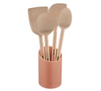 Tefal Kit Natura de 4 utensilios de cocina, Madera con mango pintado, Terracotta, Soporte
